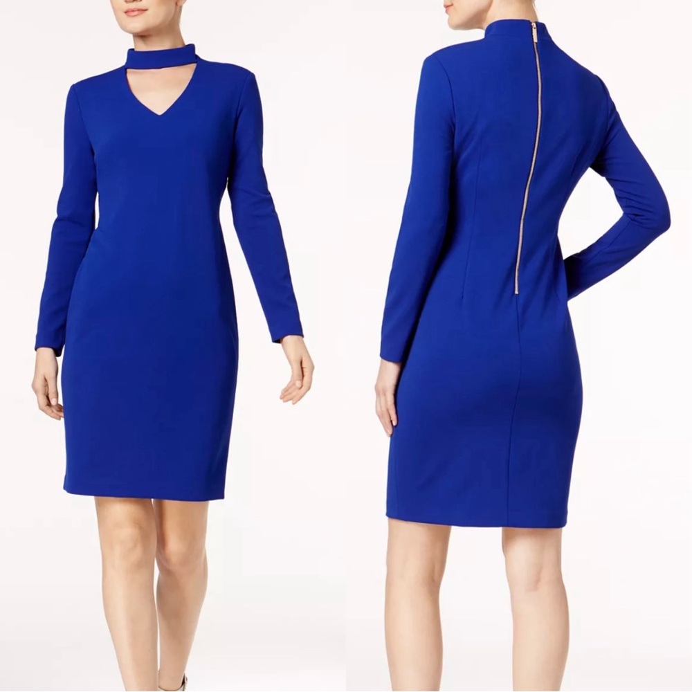 NEW Calvin Klein Size 2 Small Blue Long Sleeve Sheath Keyhole Neck Dress